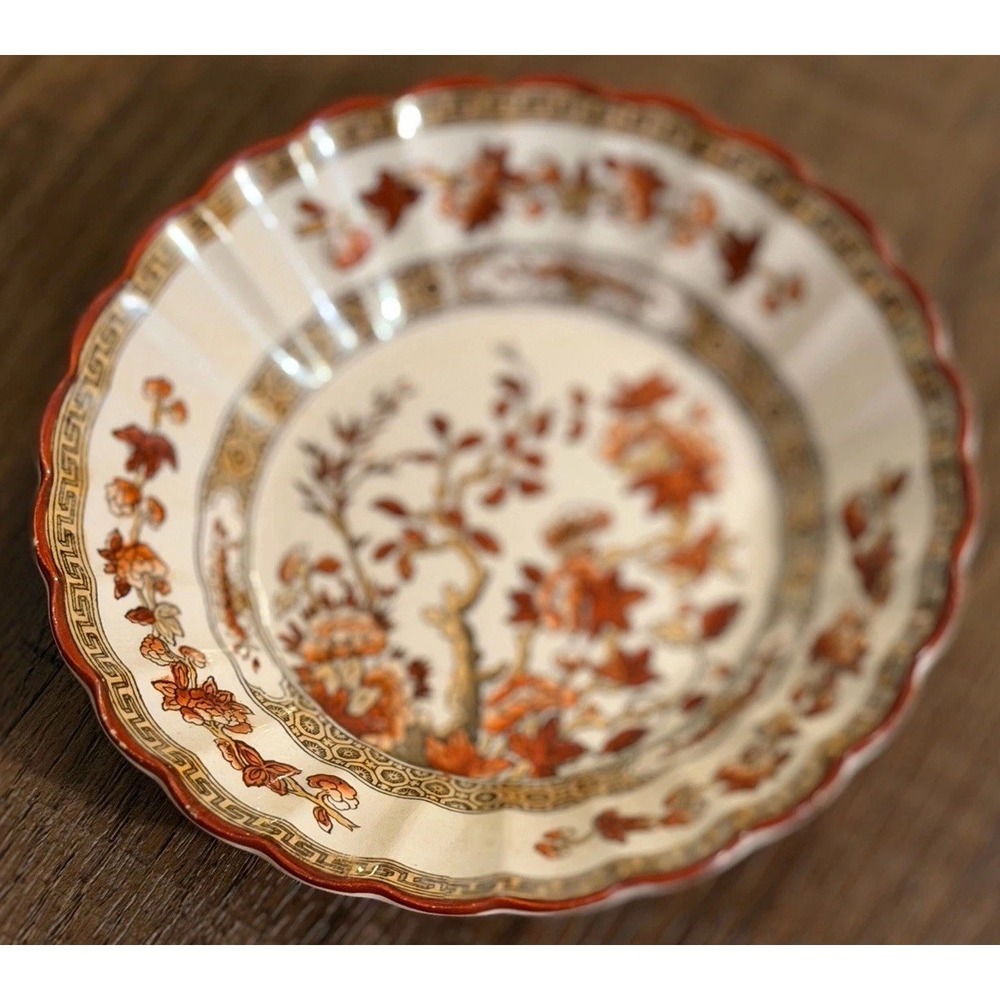 Vintage Copeland Spode India Tree Fruit Dessert Bowl 5.25" Scalloped Red Trim